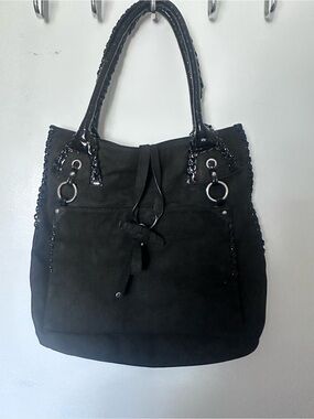 Black Suede Tote with Patent Trim and Ring Hardware